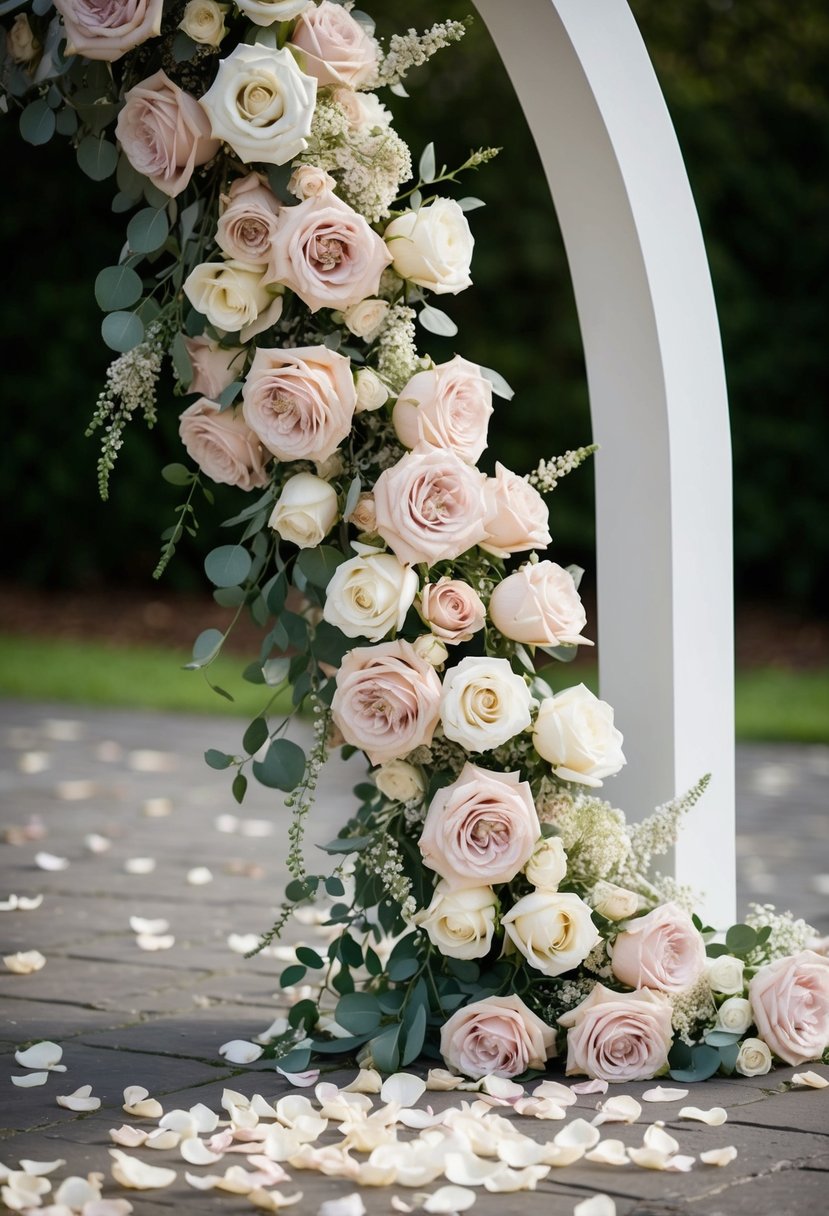 Soft dusty rose and ivory flowers cascading down a wedding arch, with delicate rose petals scattered on the ground