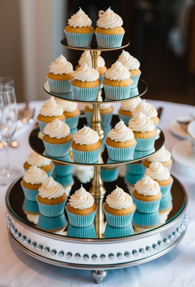 Cupcakes arranged on a mirrored stand, reflecting their elegant display for a wedding celebration