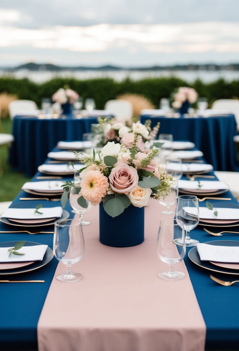 A modern wedding table set with dusty rose and navy decor, including flowers, tablecloths, and place settings