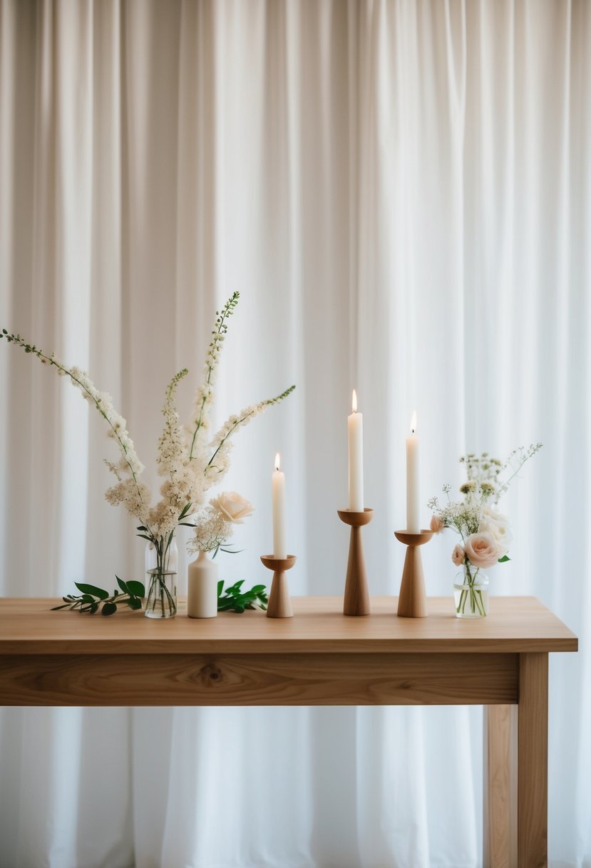 A simple wooden altar with clean lines, adorned with a few delicate flowers and candles, set against a backdrop of white curtains