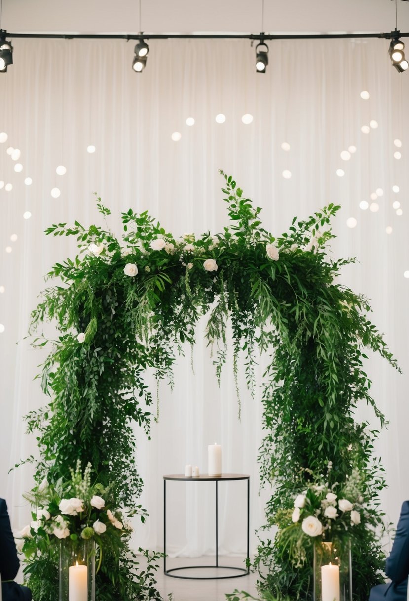 Lush greenery cascades down a simple, modern wedding altar, creating a minimalist and elegant backdrop for the ceremony