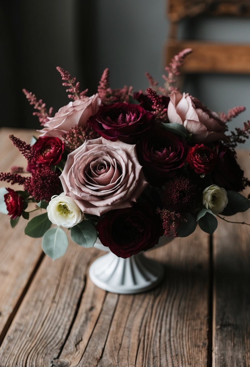 A dusty rose and burgundy floral arrangement on a rustic wooden table