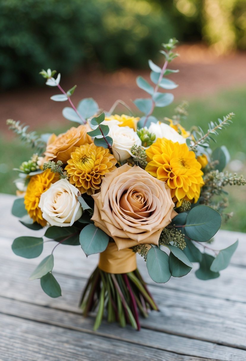 A warm dusty rose and mustard yellow wedding bouquet with eucalyptus and dahlias