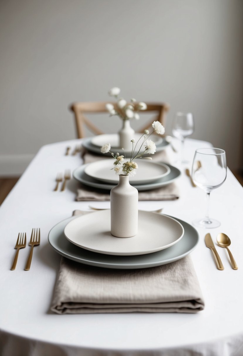 A simple, elegant table setting with neutral-colored linens, modern flatware, and minimalist floral arrangements