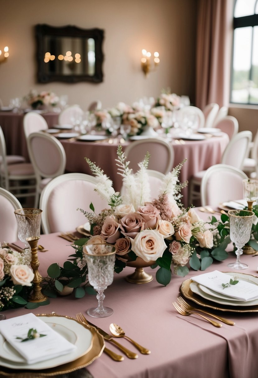 A romantic wedding table set with dusty rose and mauve linens, delicate floral centerpieces, and vintage-inspired tableware