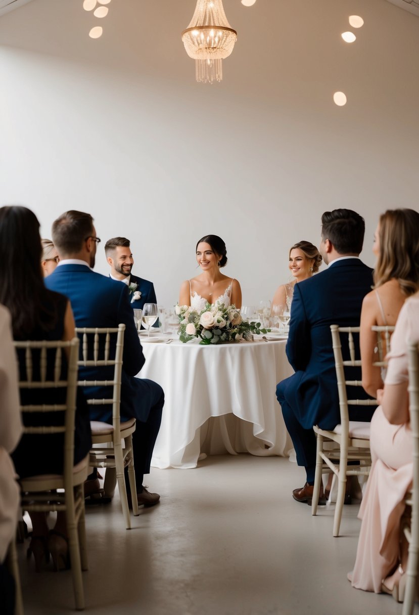 A small, cozy wedding with a handful of guests seated in a simple, elegant setting. A serene atmosphere with minimalist decor and soft lighting