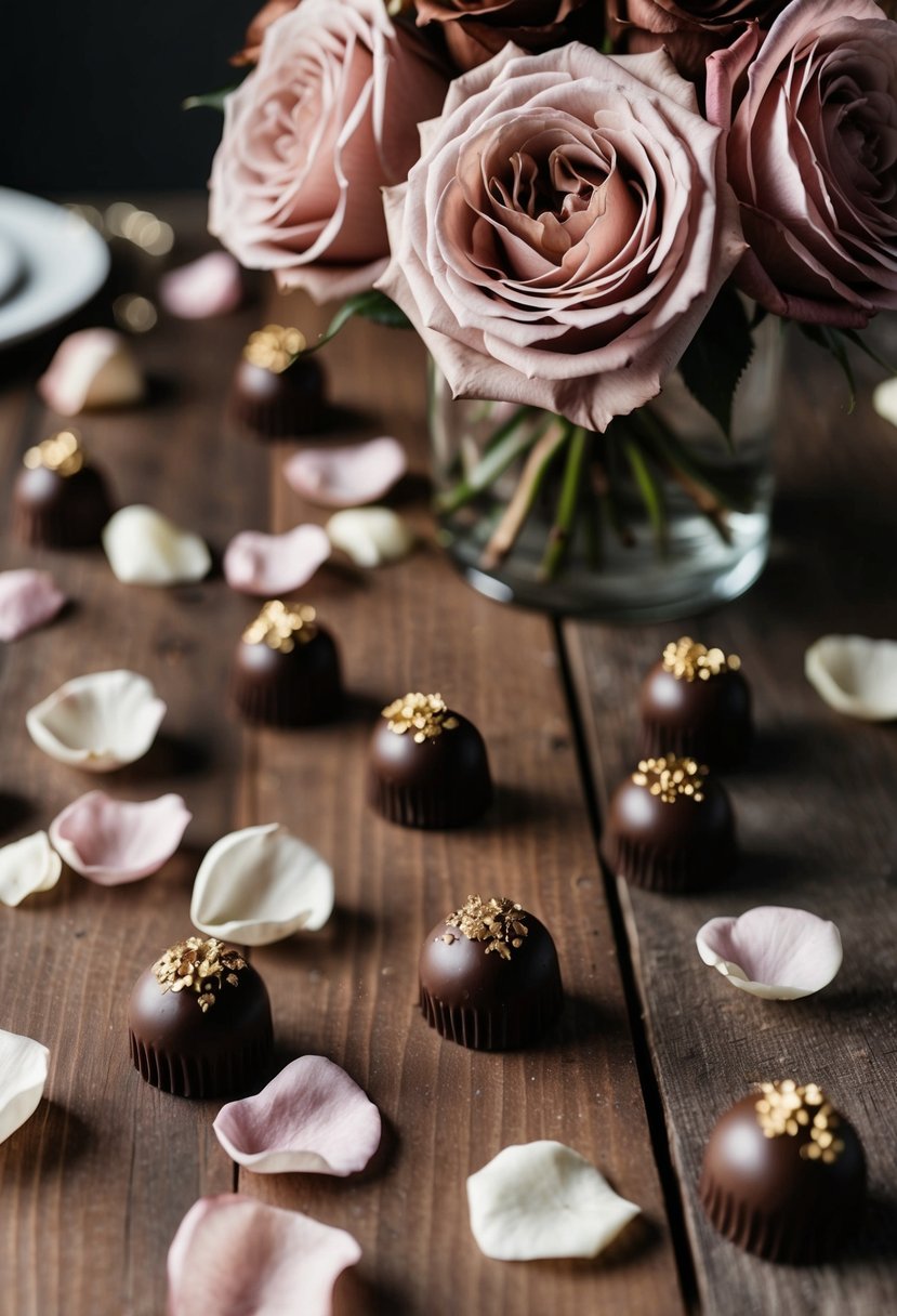 A dusty rose and chocolate brown wedding palette: rose petals scattered on a wooden table, with chocolate truffles and vintage rose centerpieces