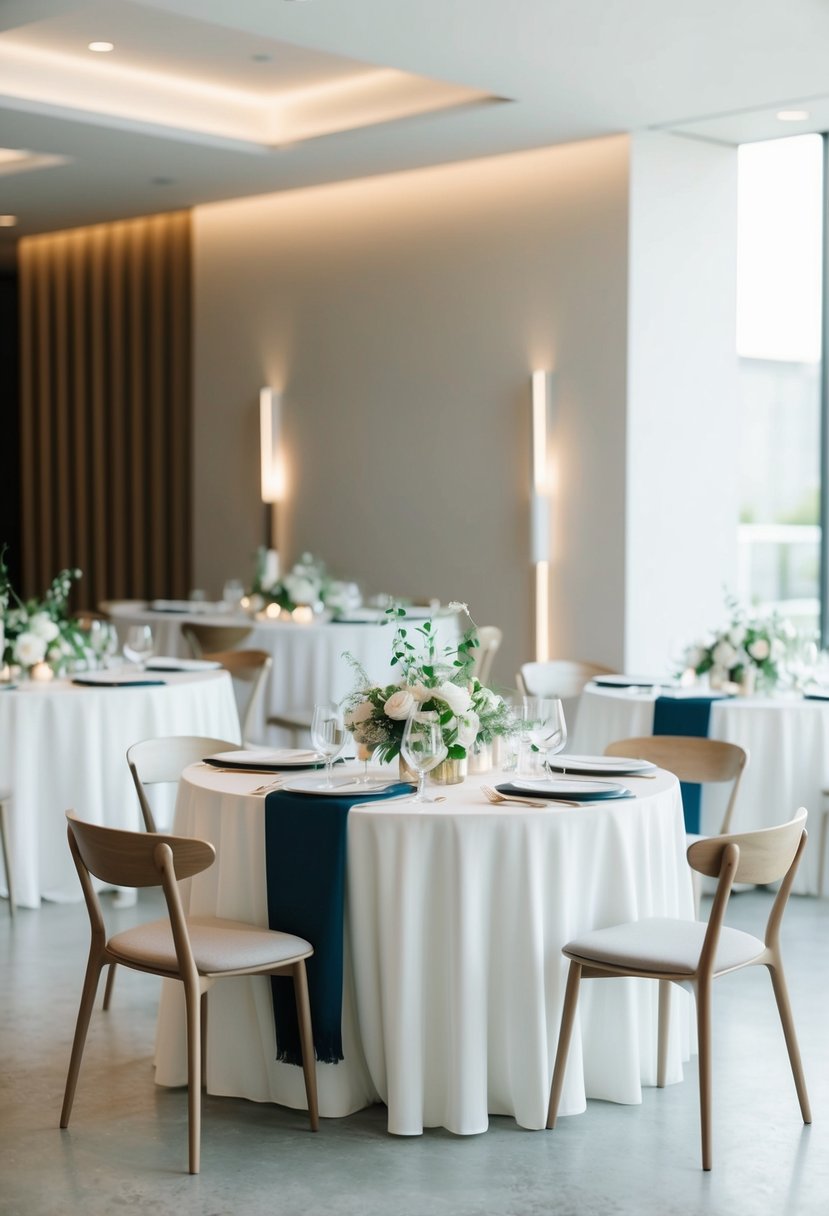 A simple, elegant wedding setup in a modern venue with clean lines, neutral colors, and minimal decor