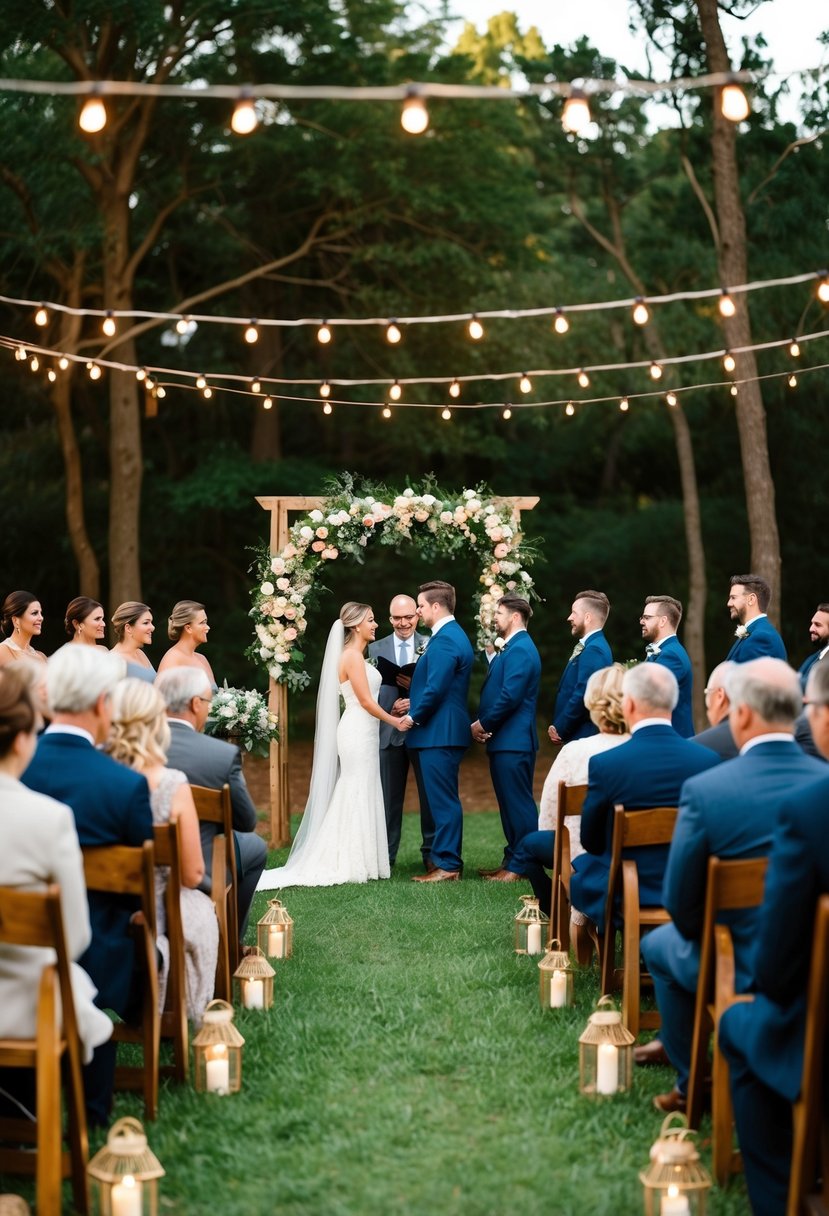 A cozy outdoor ceremony with rustic decor, string lights, and a small floral arch for 50 guests