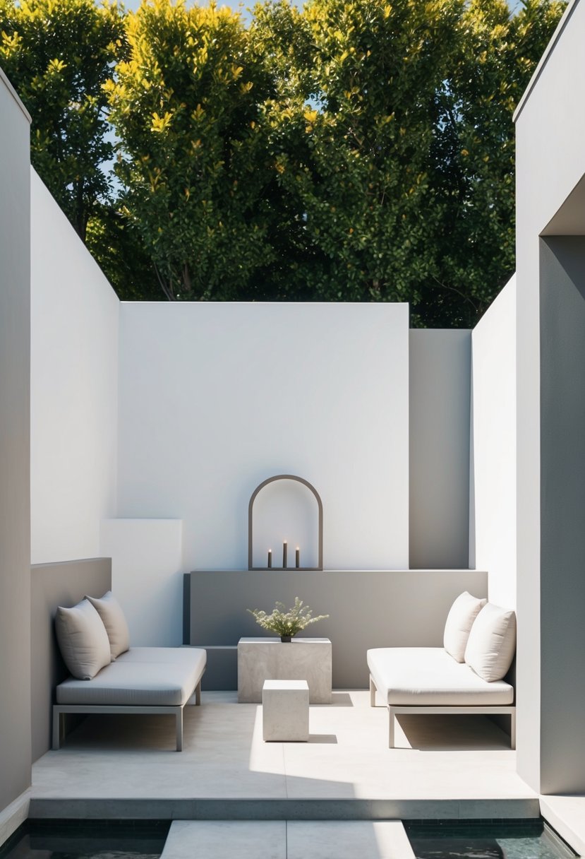 A simple outdoor setting with clean lines, geometric shapes, and neutral colors. A small altar and seating area with modern, minimalist decor