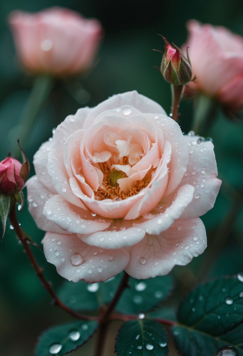 A delicate dusty rose flower blooming with dew drops