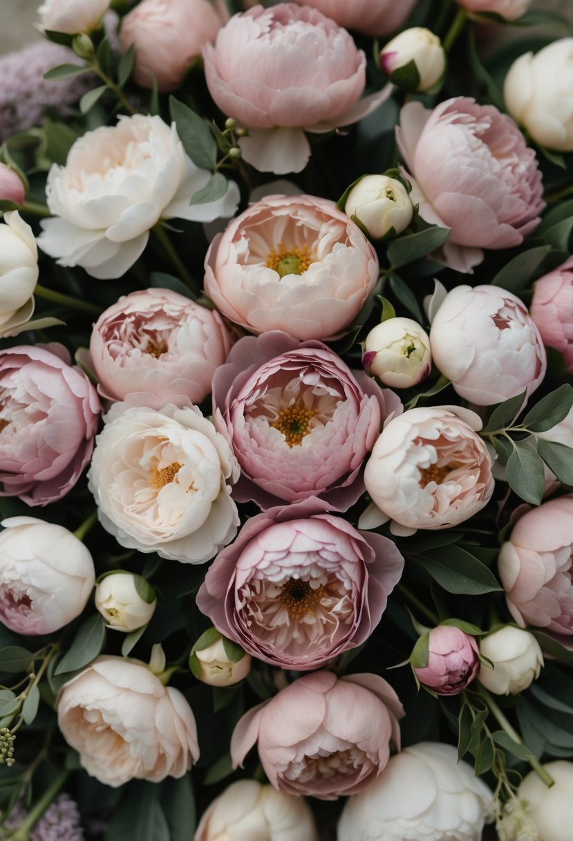 A symmetrical arrangement of dusty rose and peony flowers in various shades, creating a romantic and elegant wedding color palette