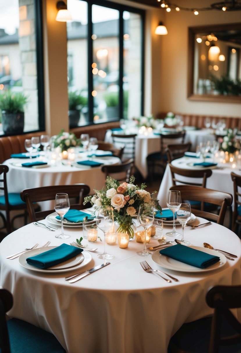 A cozy restaurant with elegant table settings for 50 guests, adorned with flowers and soft lighting for a small wedding celebration