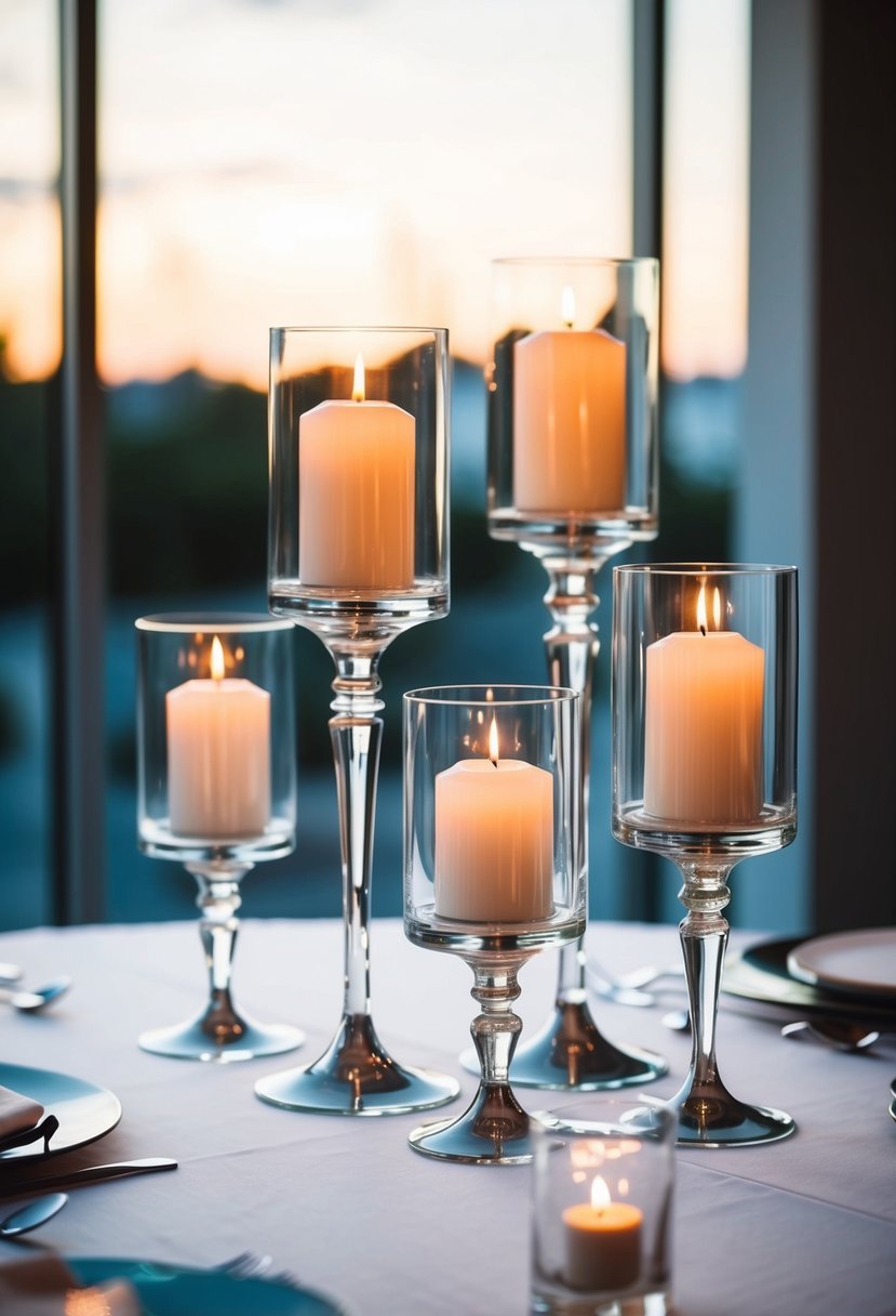 Elegant glass candle holders arranged on a sleek, modern wedding table