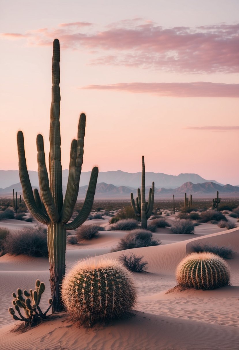 A desert landscape with dusty rose accents: cacti, sand dunes, and a sunset sky in shades of blush