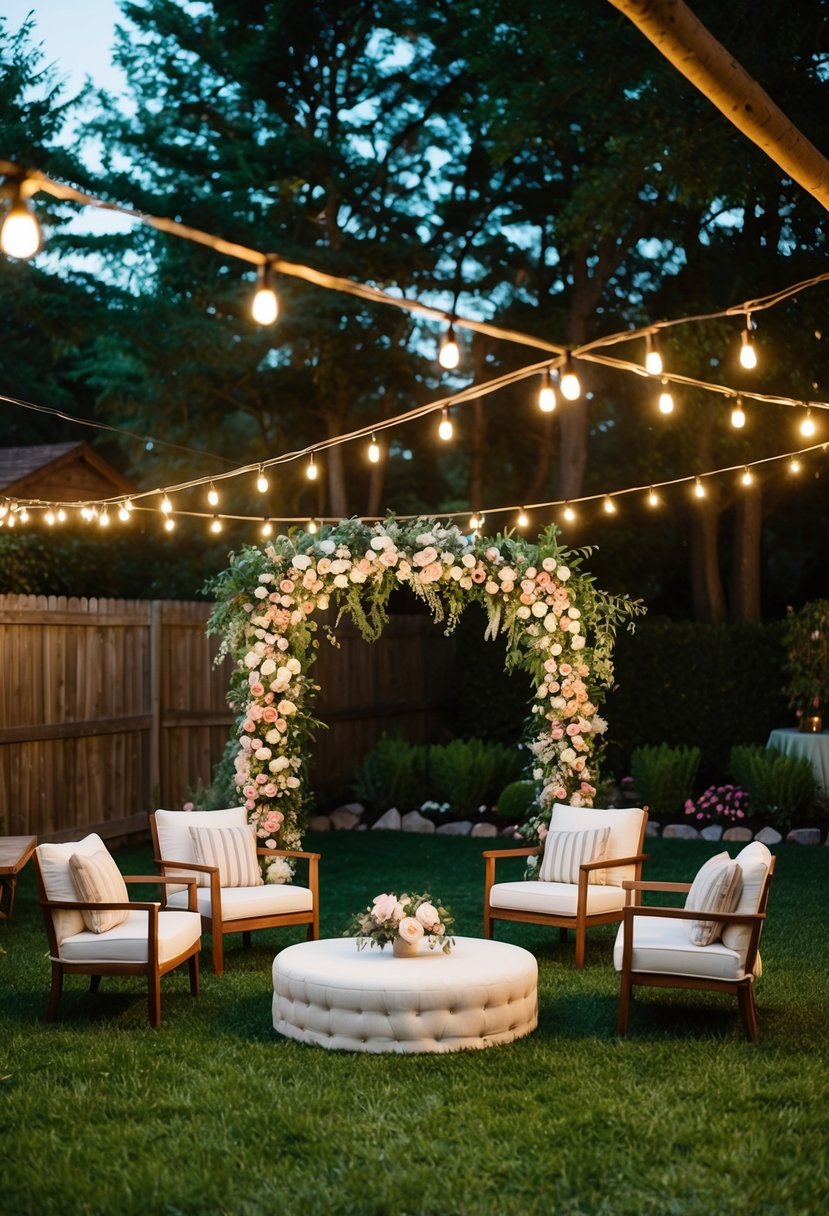 A cozy backyard set with string lights, floral arch, and intimate seating for 50 guests