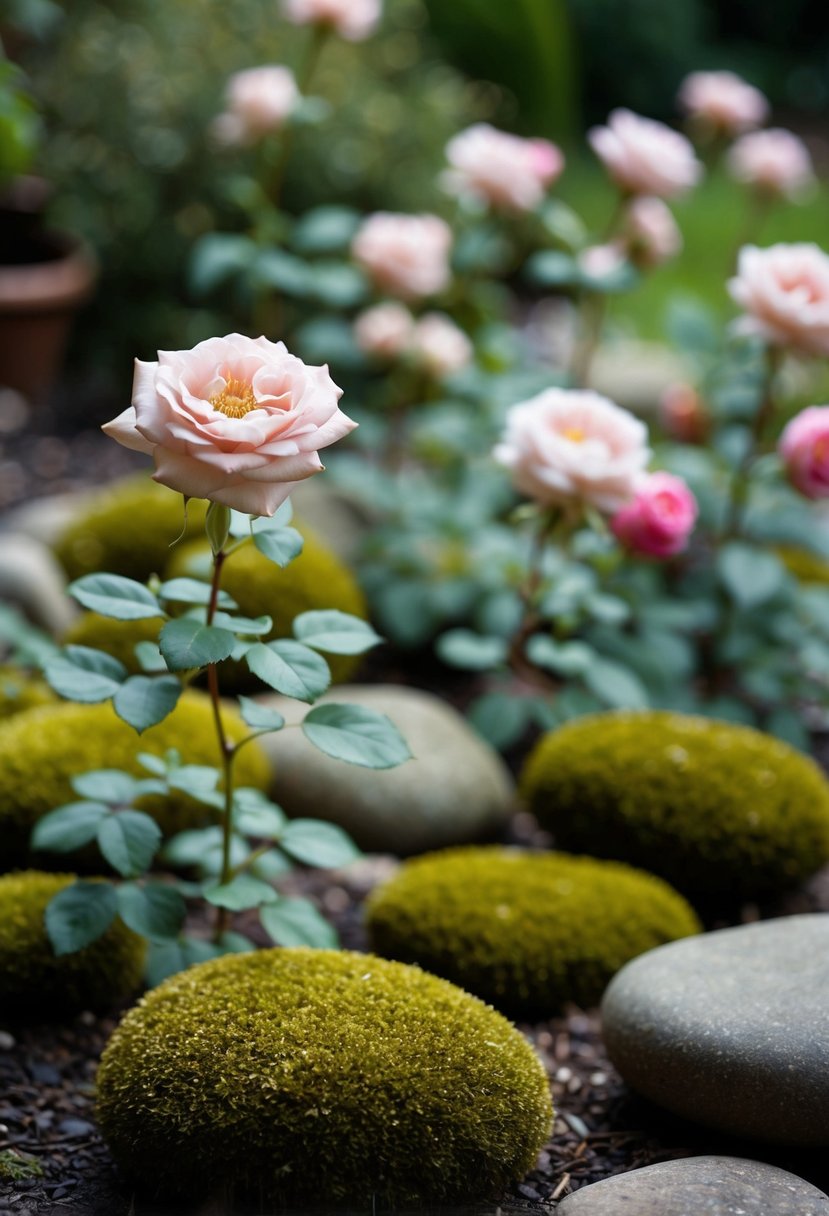 A serene garden with dusty rose flowers and moss-covered stones