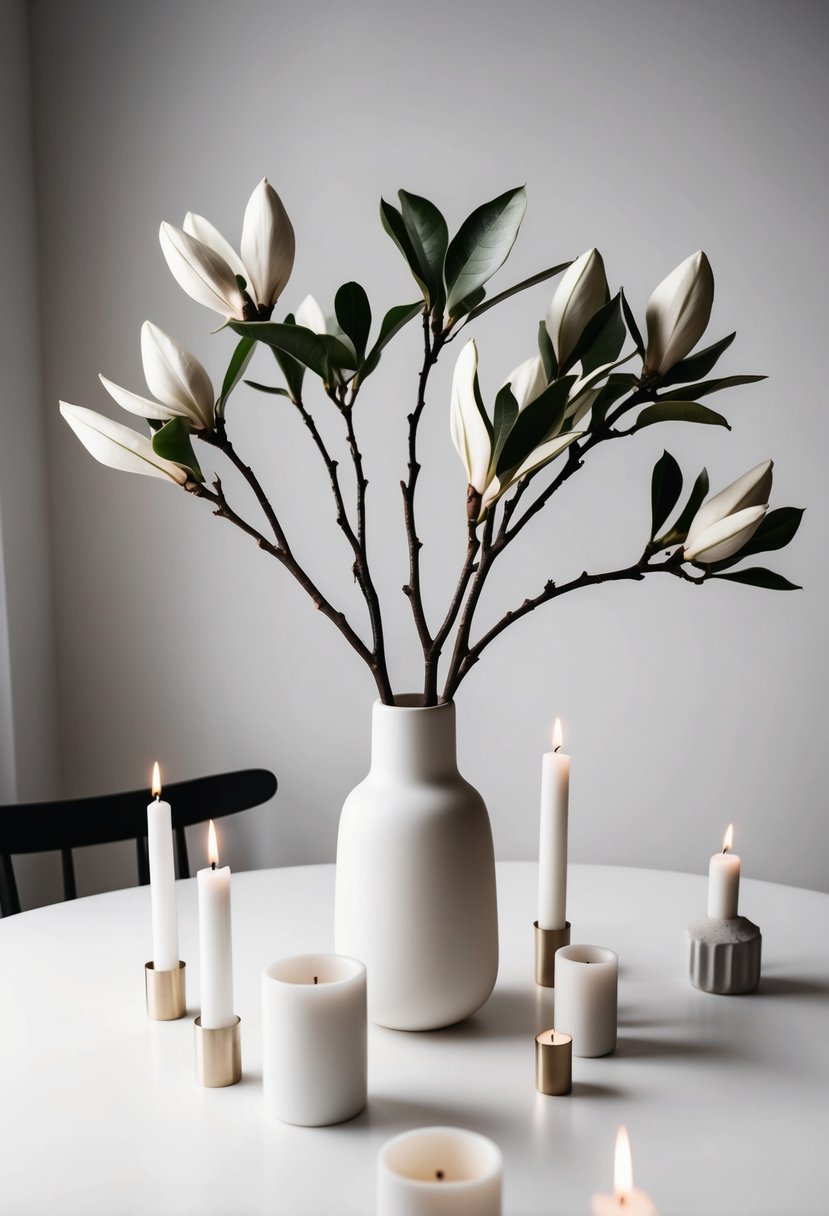 A simple table with a vase of magnolia branches, surrounded by white candles and minimalistic decor