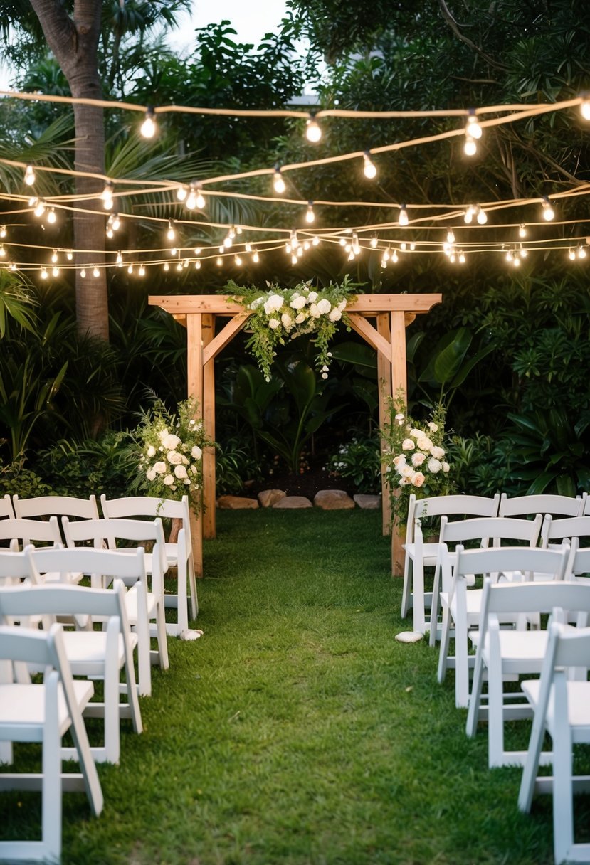 A quaint Airbnb venue with string lights, a rustic wooden arch, and seating for 50 guests in a lush garden setting