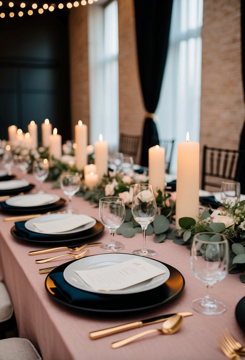 A romantic wedding table set with dusty rose linens, black accents, and soft candlelight