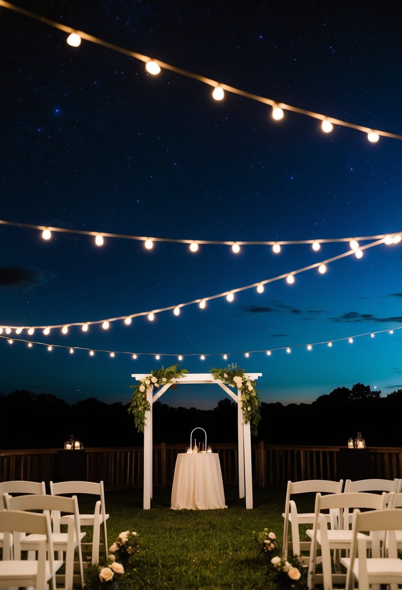 A simple outdoor ceremony with a small altar and seating, followed by a cozy reception under string lights and a starry sky