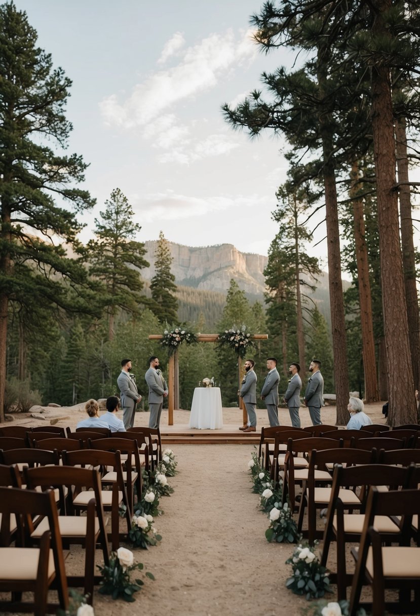 A serene clearing in a national park, with a simple altar and rows of chairs set up for 50 guests to witness a wedding ceremony