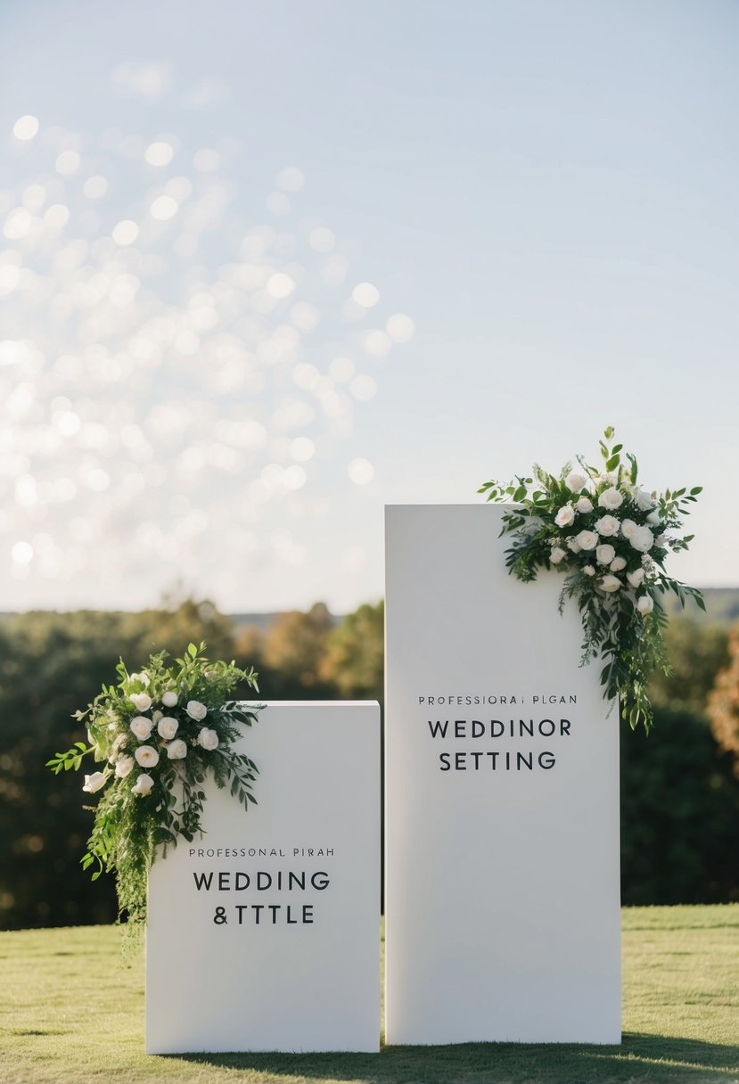 A serene outdoor wedding setting with clean, modern signage and simple, elegant decor