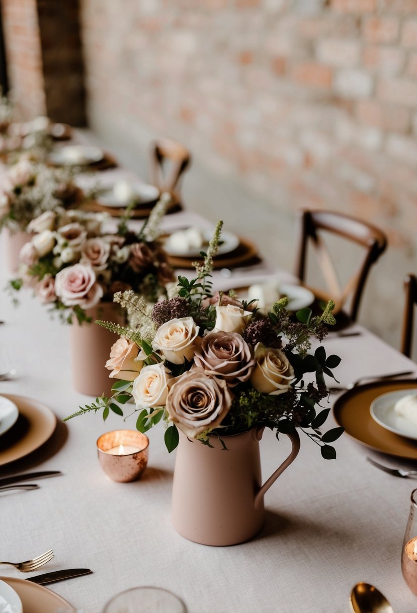 A rustic dusty rose and latte wedding scene with floral arrangements and table settings in coordinating colors