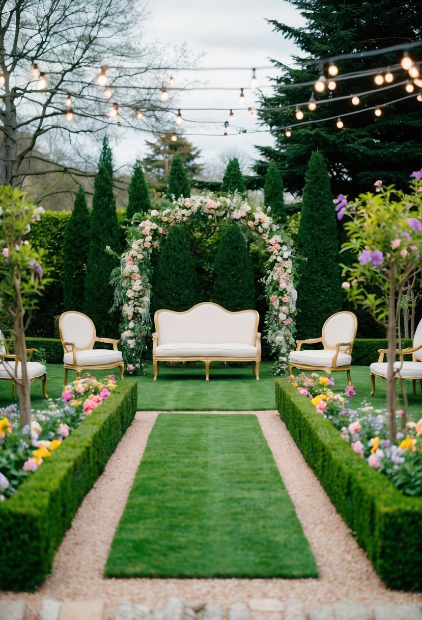 A lush garden with twinkle lights, elegant seating, and a floral archway, surrounded by trees and blooming flowers