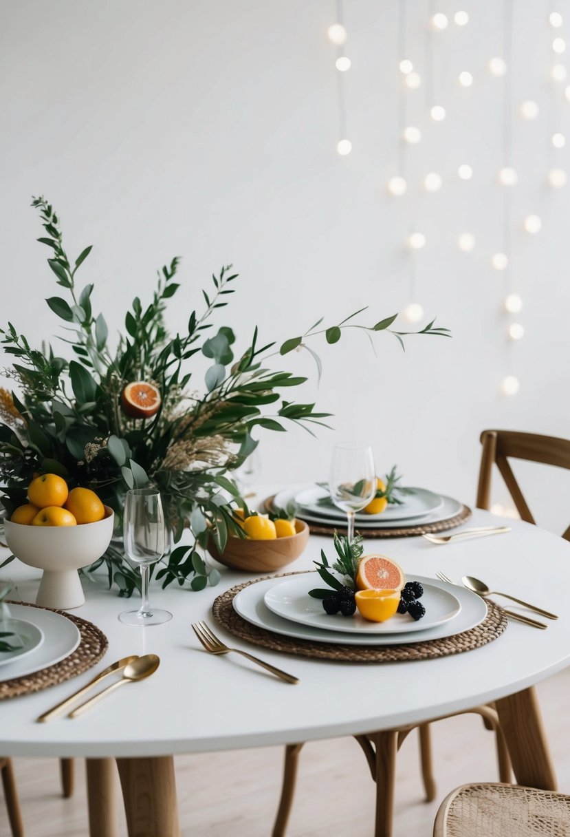 A simple wedding table adorned with fresh fruits and greenery, with minimalist decor and a clean, modern aesthetic