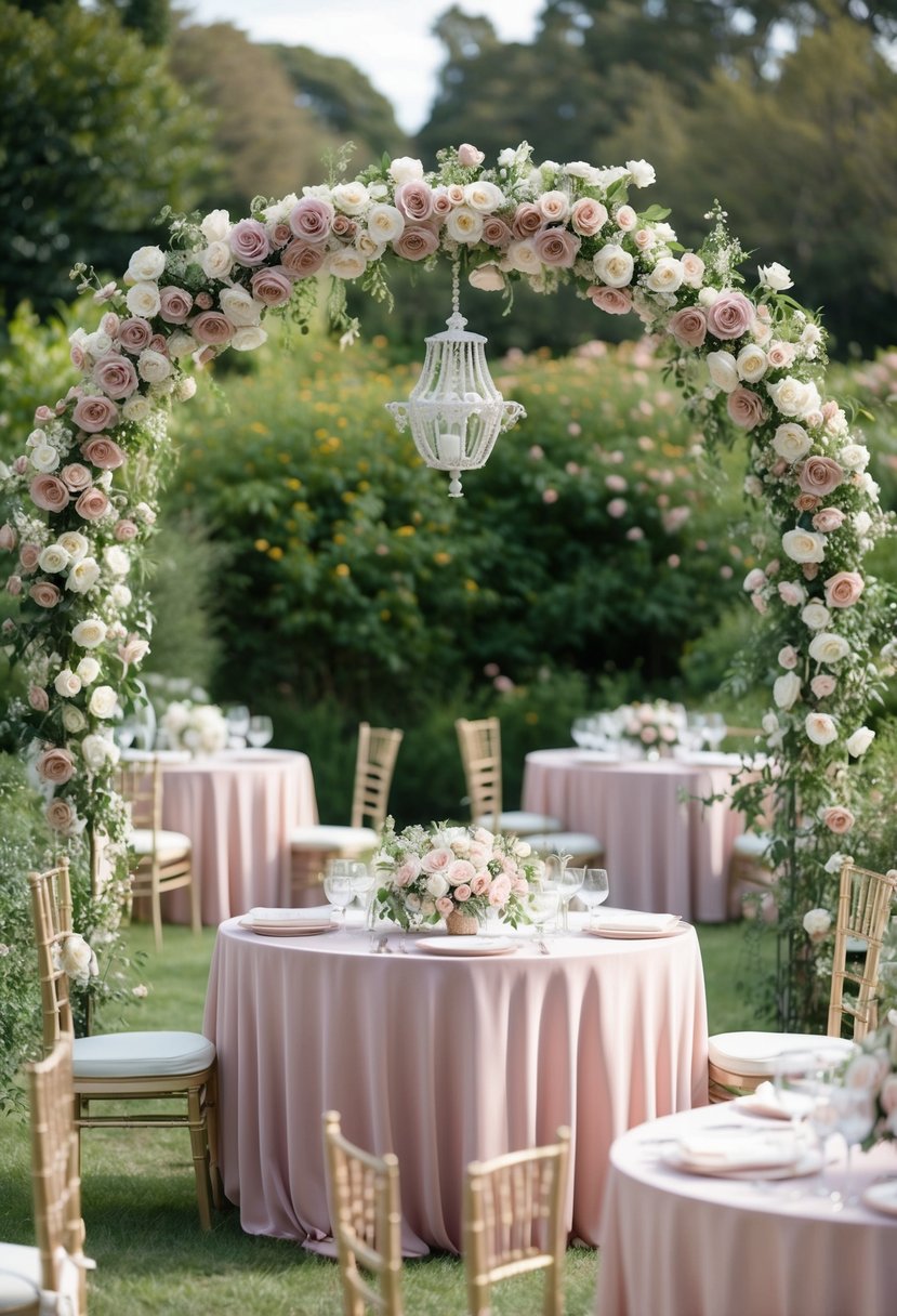 A serene garden wedding with dusty rose and white roses adorning the arches and tables, complemented by soft pink linens and delicate floral arrangements