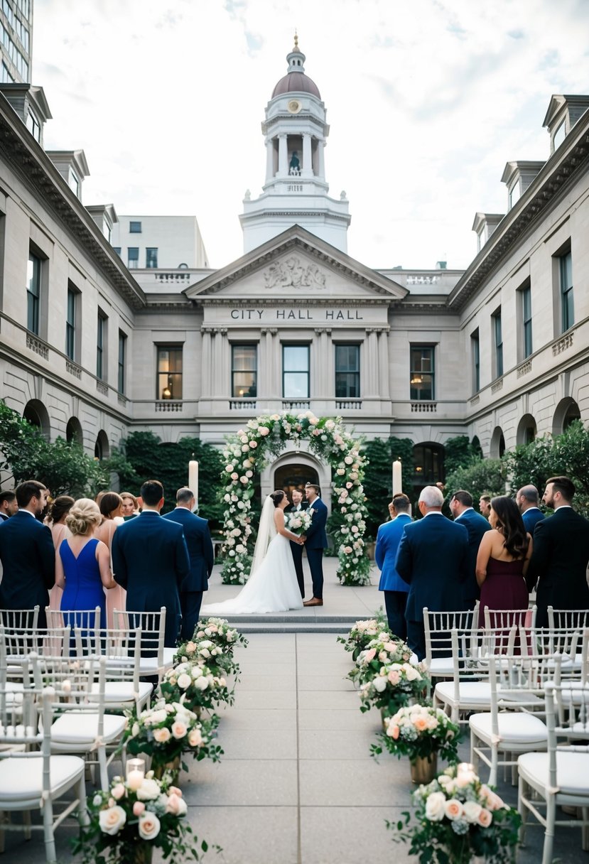 A city hall courtyard set up for a small wedding ceremony with 50 guests, featuring elegant floral arrangements and a beautiful arch for the couple to stand under