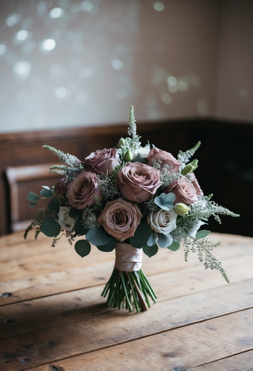 A wedding bouquet of bold dusty rose and silver flowers on a rustic wooden table