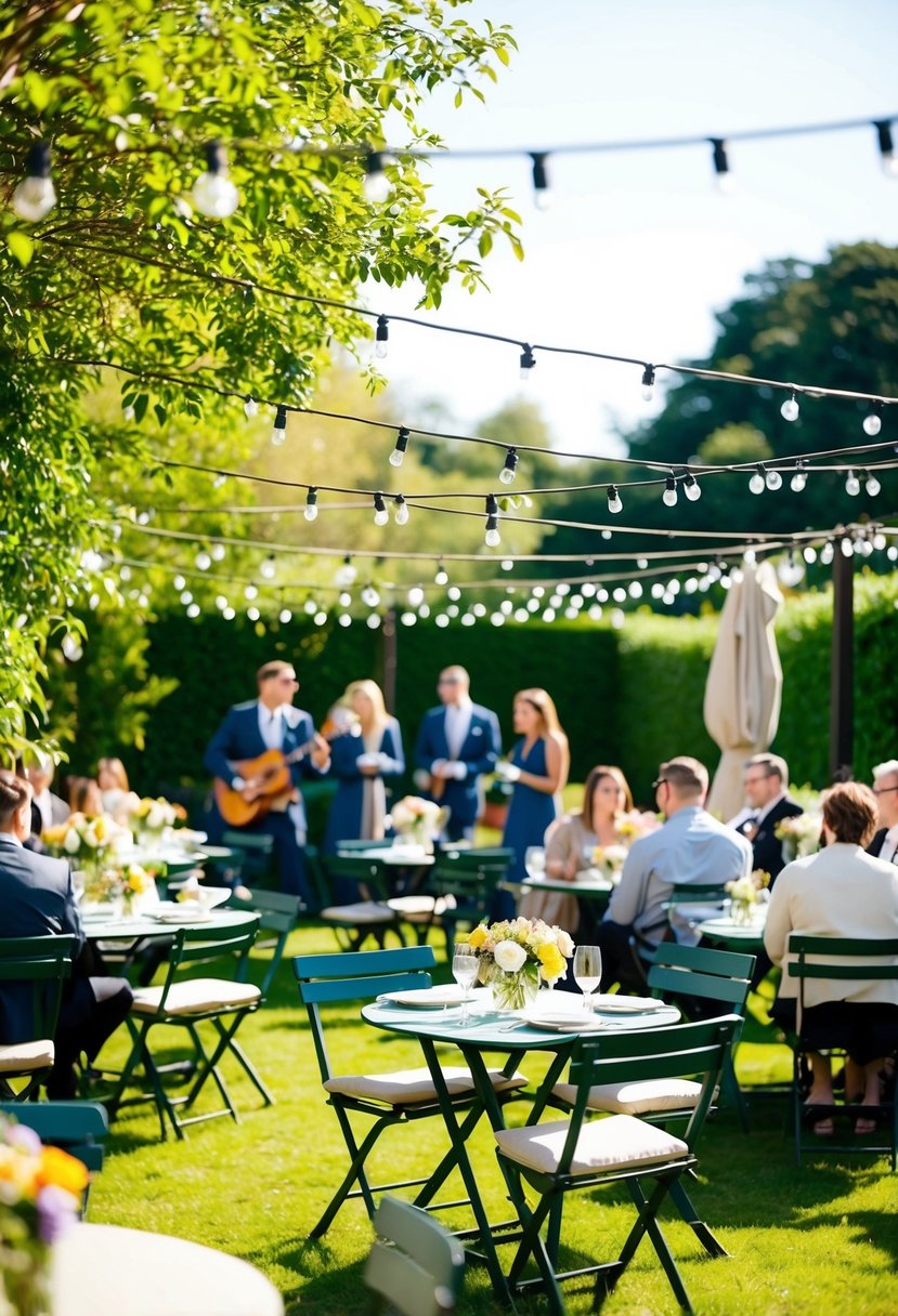 A sunny garden with bistro tables, string lights, and floral centerpieces. A small band plays soft music as guests mingle and enjoy a casual meal