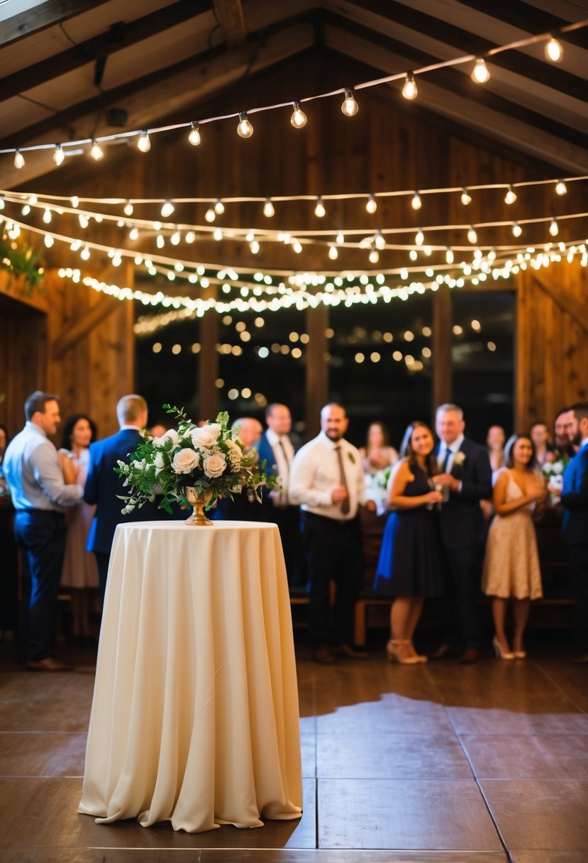 A cozy indoor reception with string lights, floral centerpieces, and a small dance floor for 50 guests