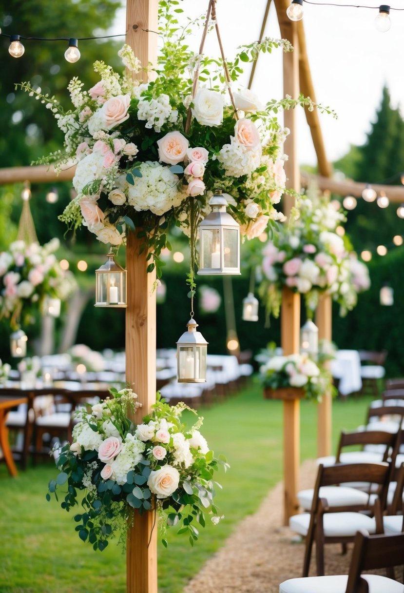 A garden-themed wedding decor with blooming flowers, hanging lanterns, and wooden accents for 50 guests