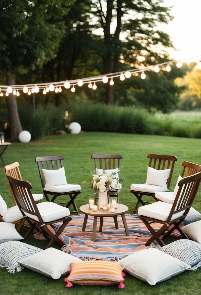 A cozy outdoor setting with a mix of traditional chairs, picnic blankets, and floor cushions arranged in a circle for an intimate wedding celebration of 50 guests