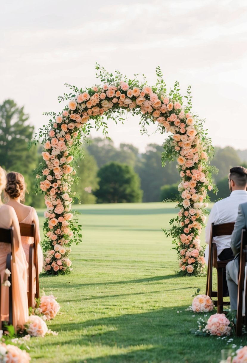 A peach and pink floral archway frames a serene outdoor wedding ceremony