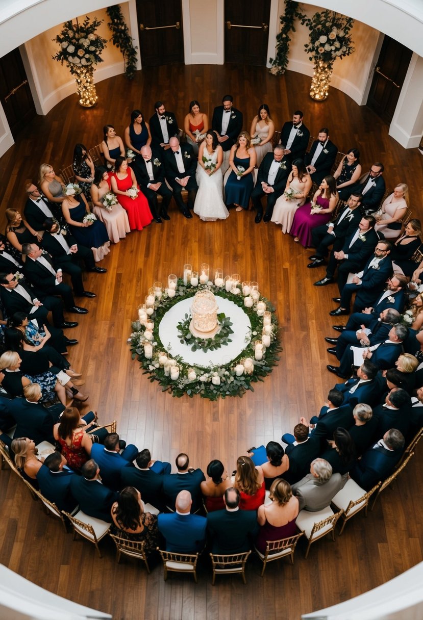 A circular ceremony layout with 50 guests seated around a central focal point, surrounded by intimate and personalized decor