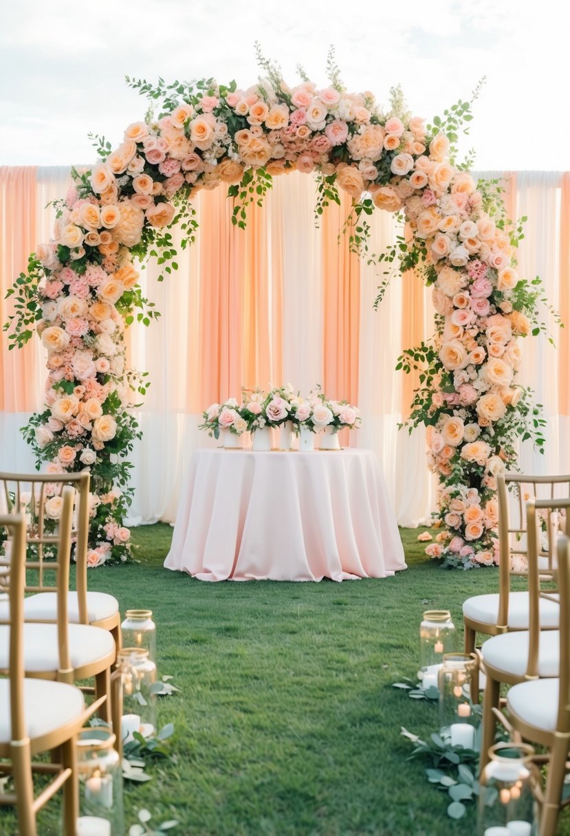 A peach and pink floral arch stands as a centerpiece in a wedding setting, surrounded by coordinating decor and accents