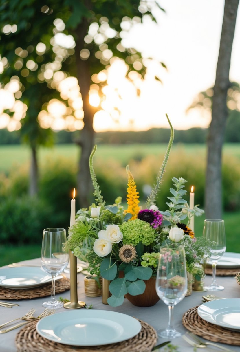 A serene outdoor setting with biodegradable decor, solar-powered lighting, and locally sourced flowers and plants