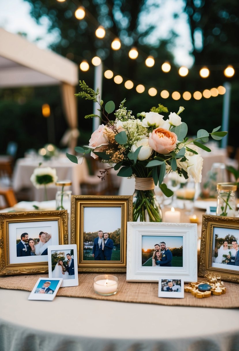 A cozy outdoor wedding with a mix of vintage and modern decor, including framed photos, polaroids, and trinkets scattered throughout the venue