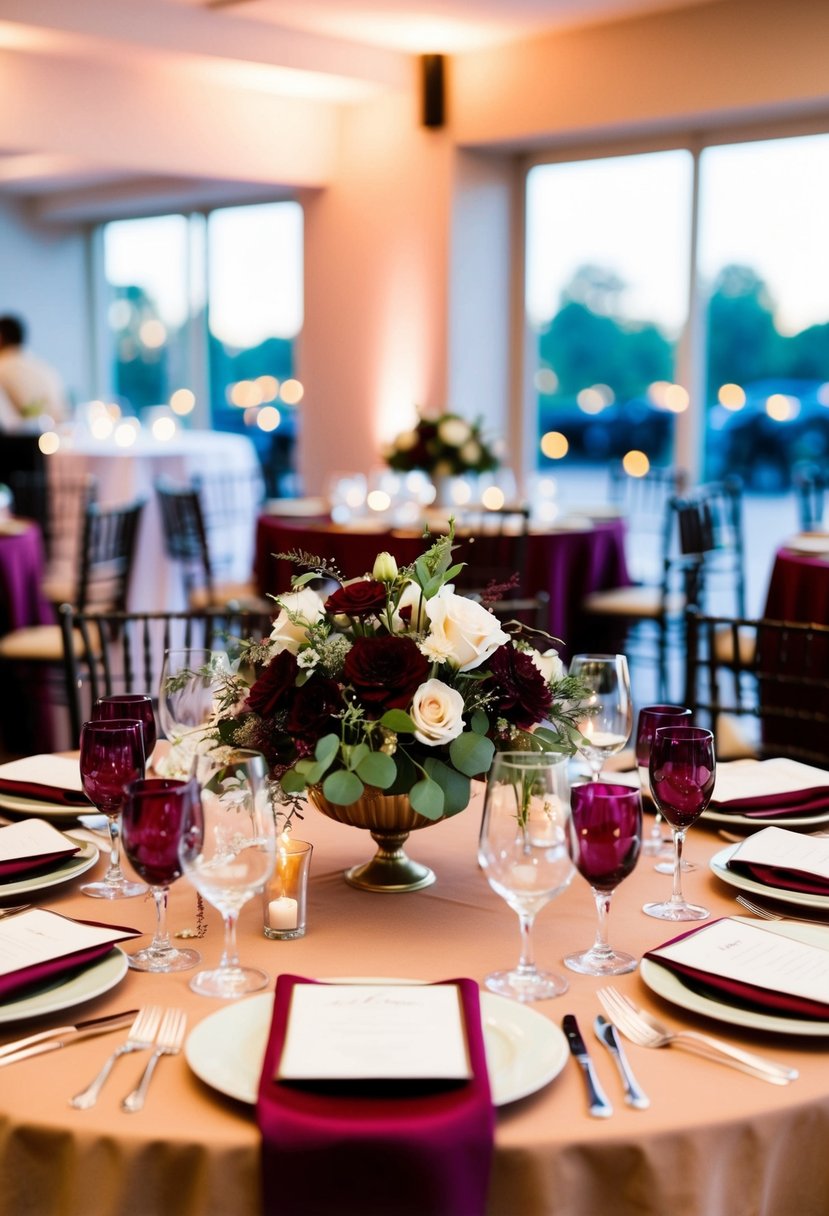 A table set with wine red linens, floral centerpieces, and glassware for a wedding reception