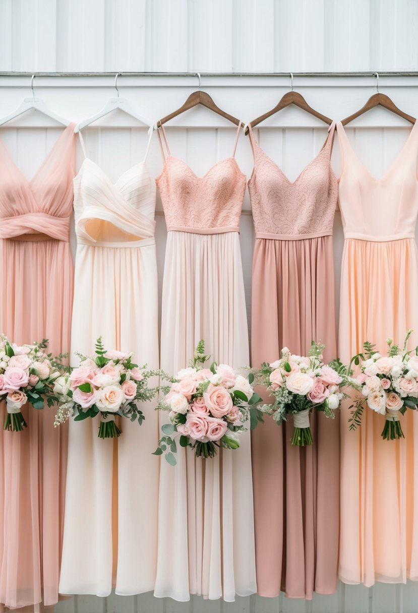 Blush and peach bridesmaid dresses arranged in a row with pink floral bouquets on a white background