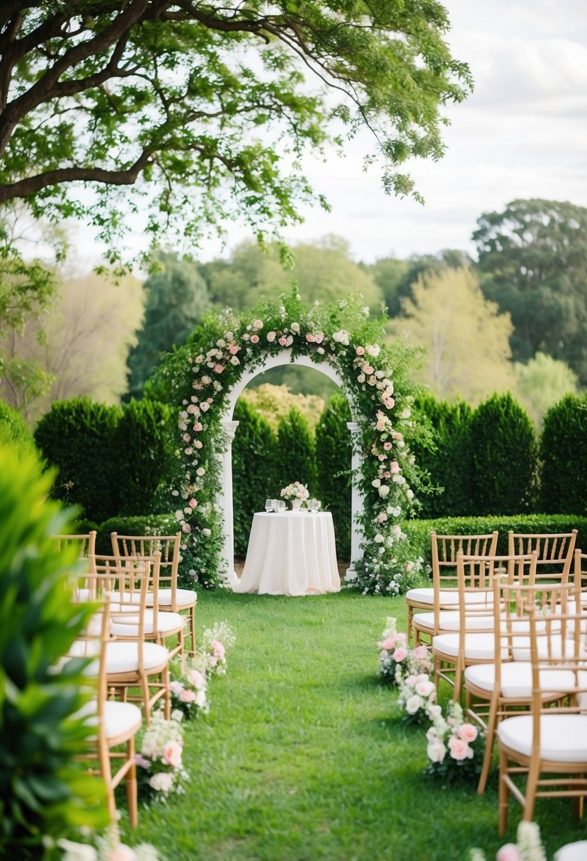 A picturesque outdoor setting with a beautiful archway, surrounded by lush greenery and blooming flowers, with seating for 50 guests