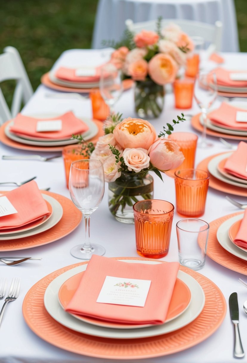 A table set with coral and peach colored plates, napkins, and flowers for a wedding