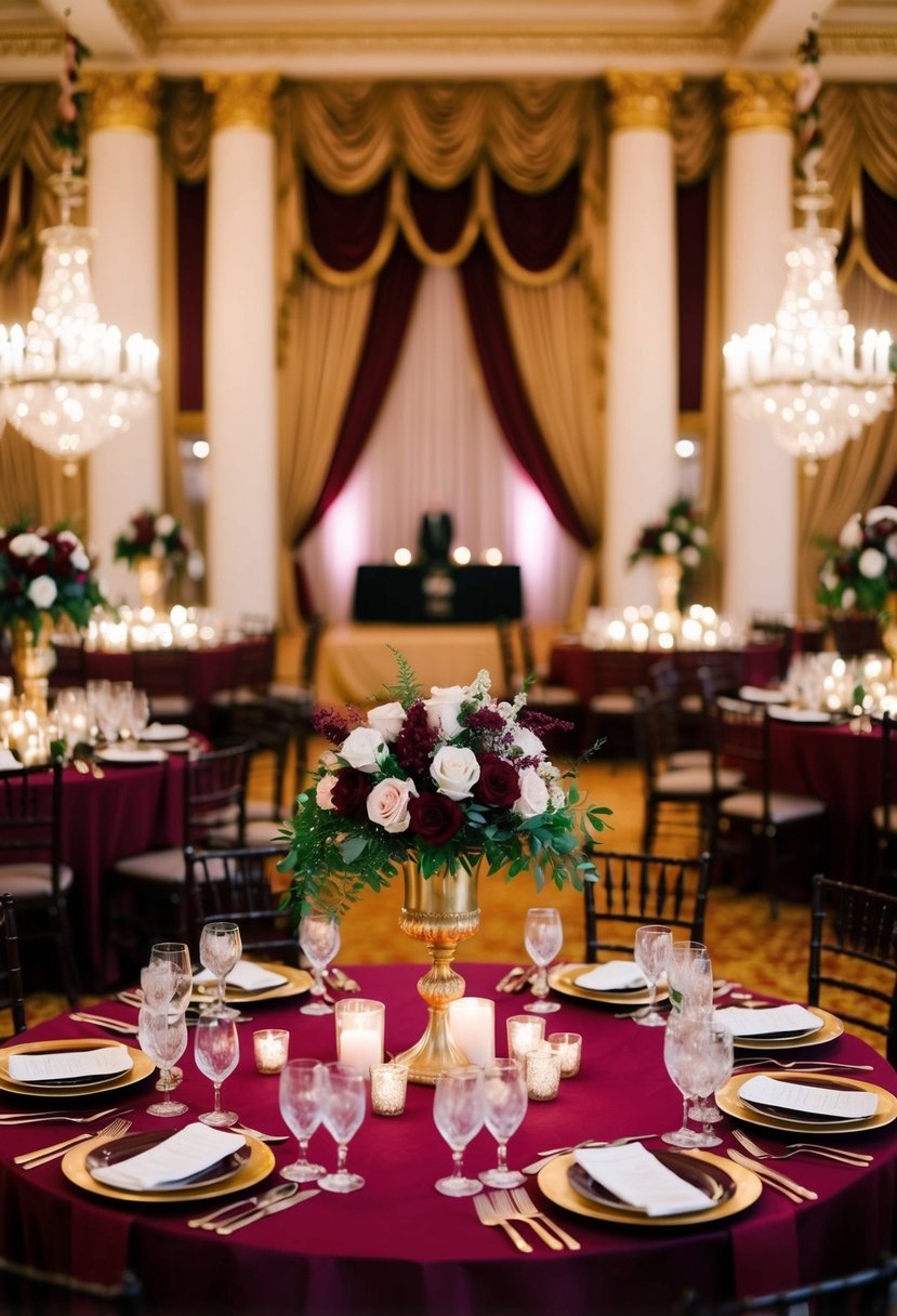 A grand ballroom adorned with rich burgundy and gold decor, featuring elegant floral arrangements and shimmering candlelight