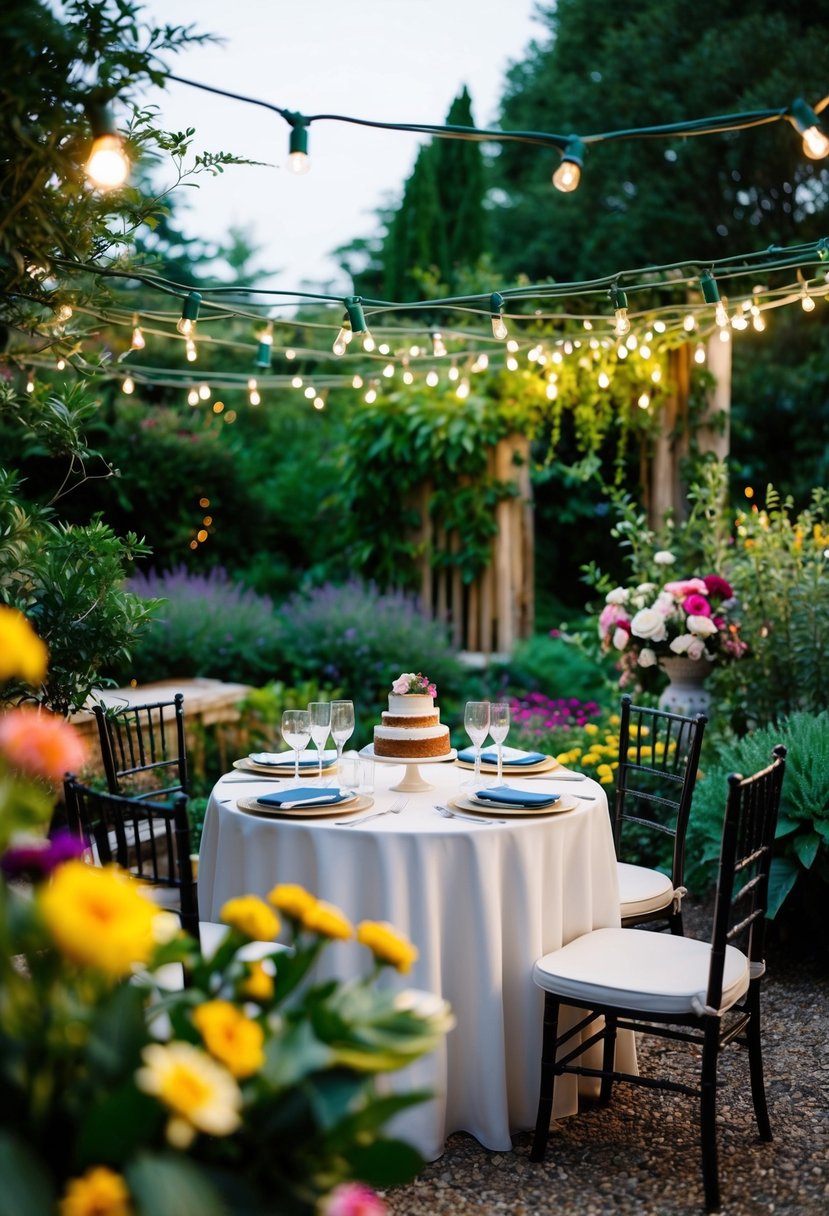 A cozy outdoor garden with twinkling lights, elegant table settings, and a small wedding cake surrounded by lush greenery and colorful flowers