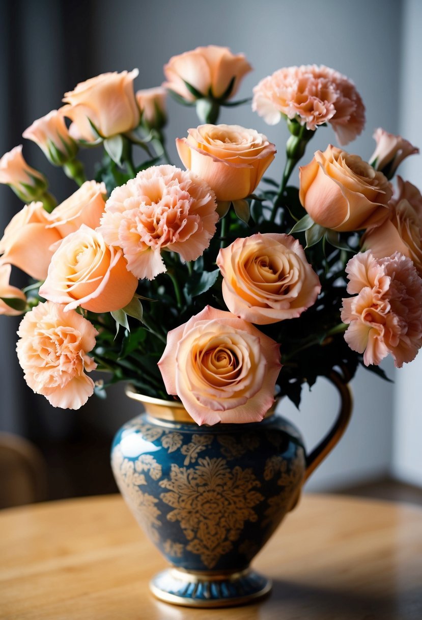 A lush bouquet of peach roses and pink carnations arranged in a decorative vase