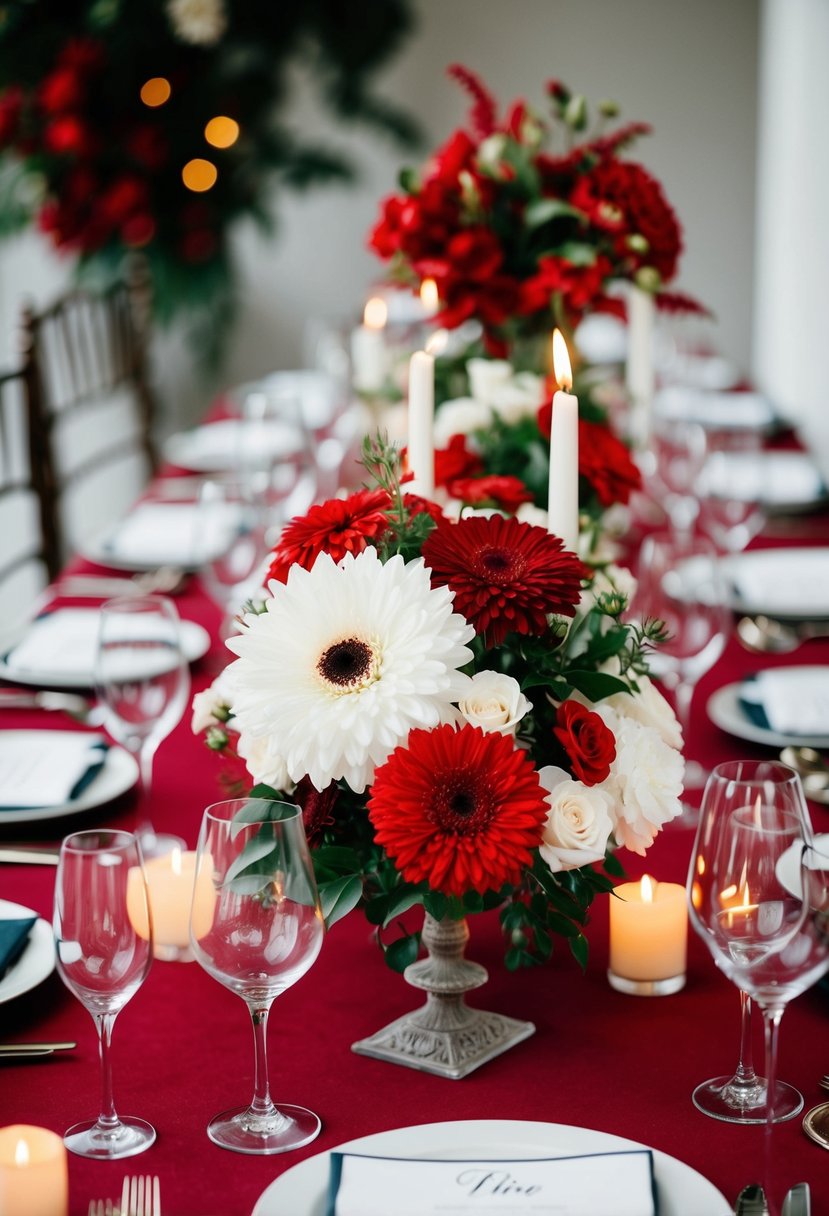 A table set with red and white floral centerpieces, surrounded by wine glasses and candles